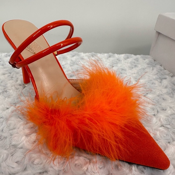 NIB Neon Orange Feather Trim Convertible Heels - Picture 1 of 7